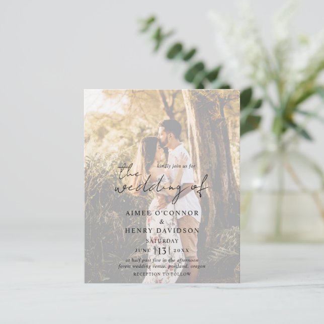 Rustic Script Photo Budget Wedding Invitation (Standing Front)