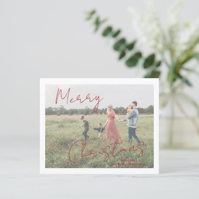 Rustic Script Photo Modern Christmas Card (Standing Front)