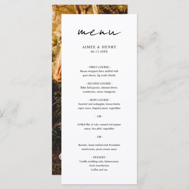 Rustic Script Photo Modern Wedding Menu (Front/Back)