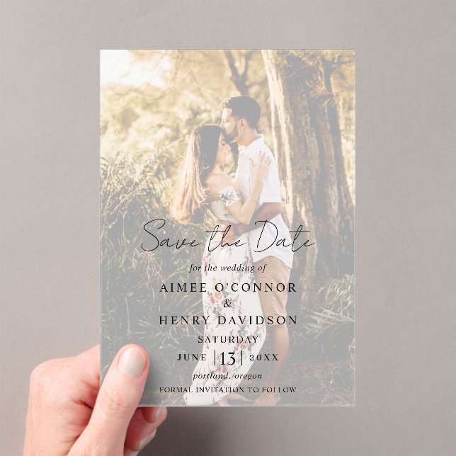 Rustic Script Photo Modern Wedding Save the Date Acrylic Invitations (Insitu (Handheld))