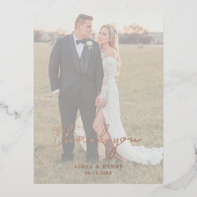 Rustic Script Photo Modern Wedding Thank You Foil Invitation Postcard (Front)
