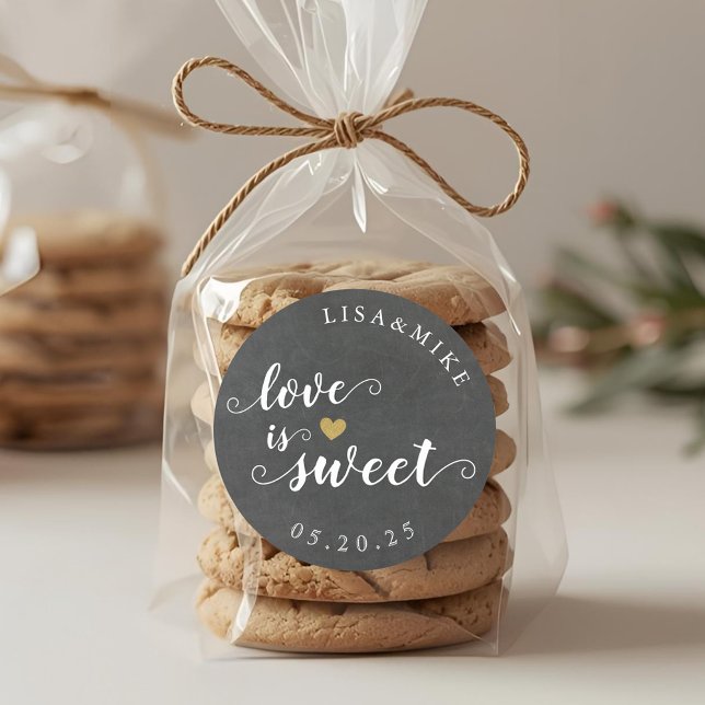 Rustic Script Pink Love is Sweet Wedding Favour Classic Round Sticker (Creator Uploaded)