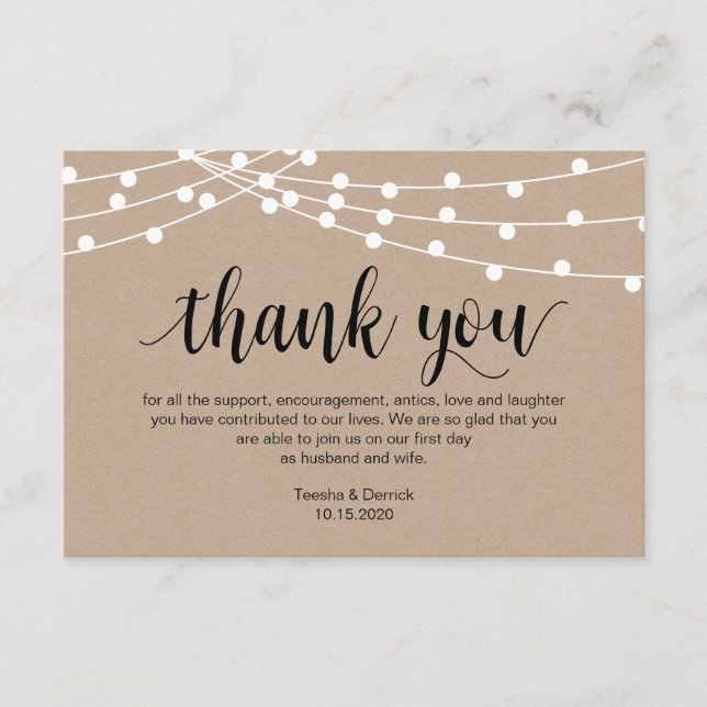 Rustic Script, string light, Wedding Thank you Enclosure Card (Front)