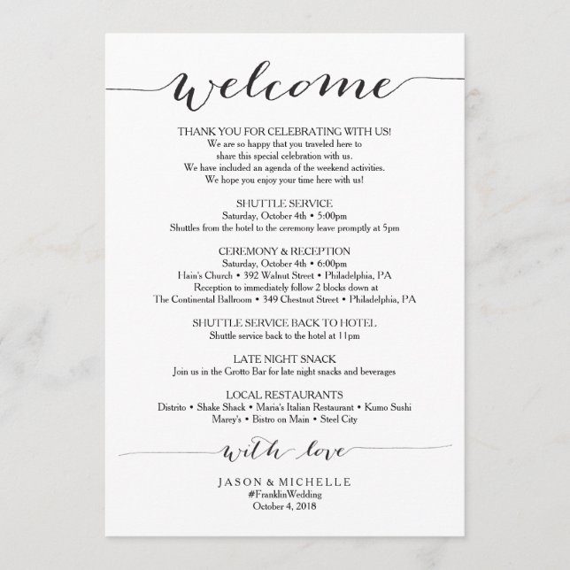 Rustic Script Wedding Itinerary - Wedding Welcome Programme (Front)