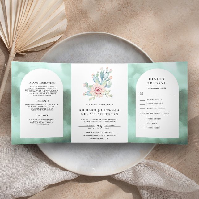 Rustic Seafoam Arch Desert Floral Cactus Wedding Tri-Fold Invitation (Creator Uploaded)