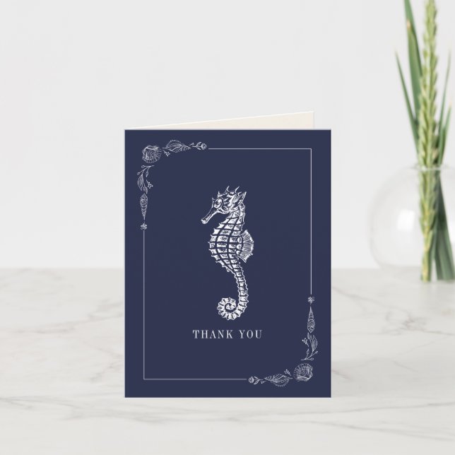 Rustic Seahorse Dark Blue Beach Wedding Thank You Card (Front)