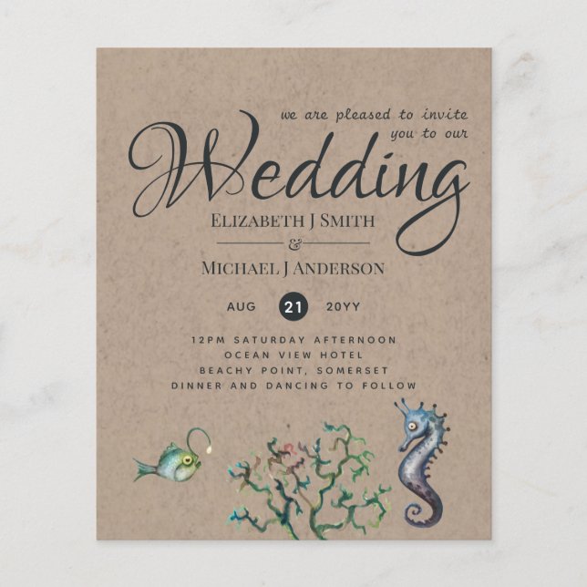 Rustic Seahorse Ocean Sea Wedding Invites Budget (Front)