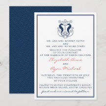 Rustic Seahorse Wedding Invitation- Navy and Coral