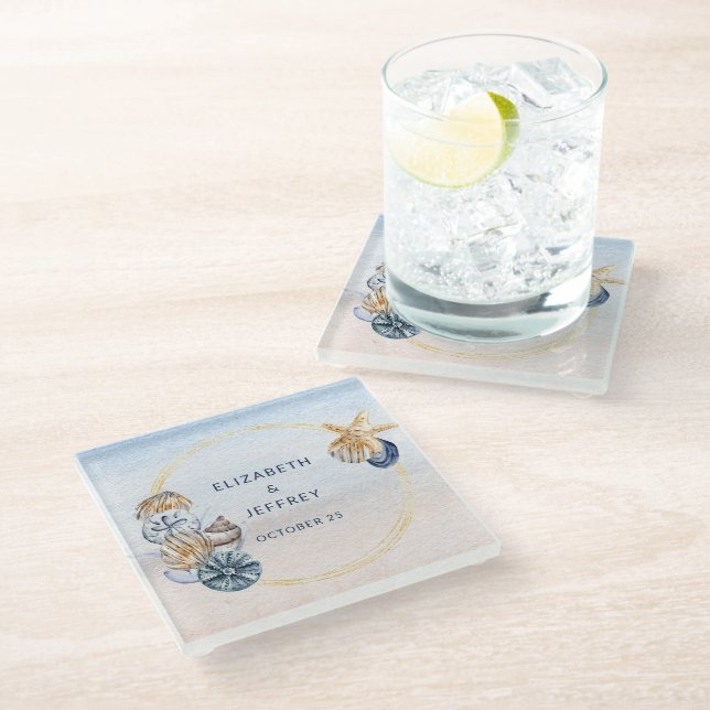 Rustic Seashells Ocean Sea Summer Beach Wedding Glass Coaster (Angled)
