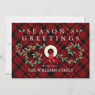 Rustic Season's Greetings Wreath Red Plaid Family Holiday Card
