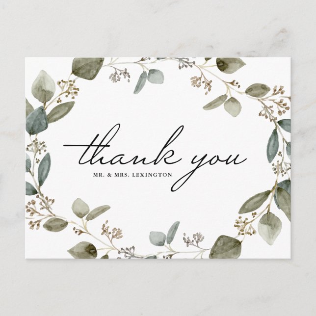 Rustic Seeded Eucalyptus Wreath Wedding Thank You Postcard (Front)