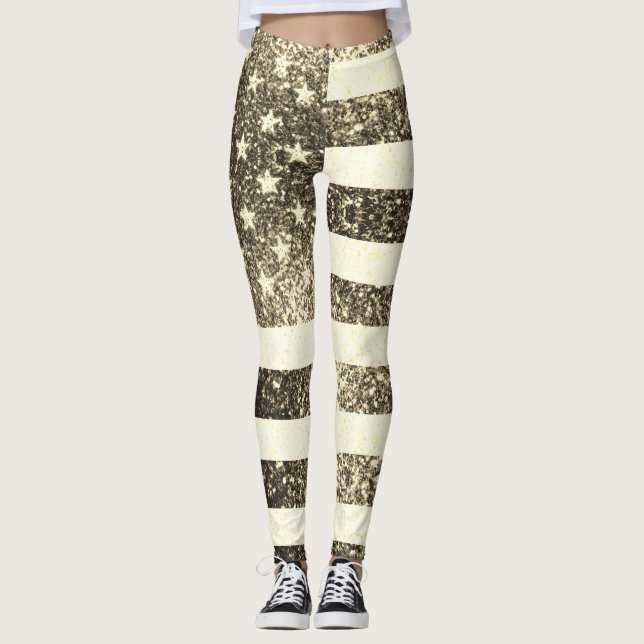 Rustic Sepia gold Sparkles USA flag bling 4th July Leggings (Front)