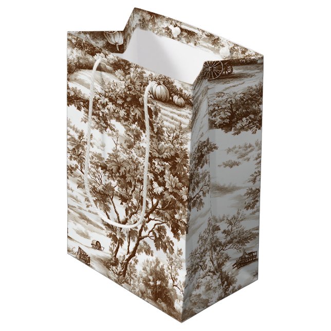 Rustic Sepia Homestead Pumpkin Toile Pattern Medium Gift Bag (Front Angled)