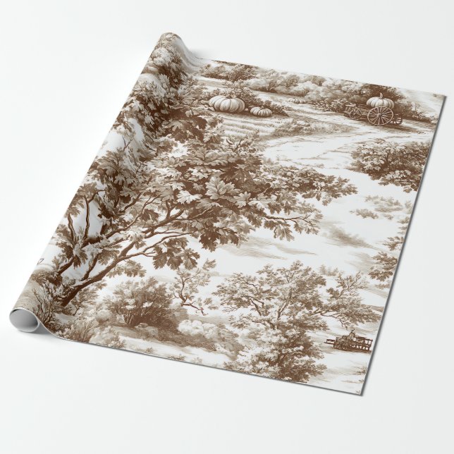 Rustic Sepia Homestead Pumpkin Toile Pattern Wrapping Paper (Unrolled)