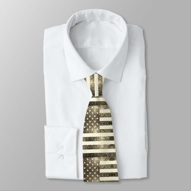Rustic Sepia White Gold Sparkles USA flag  Tie (Tied)