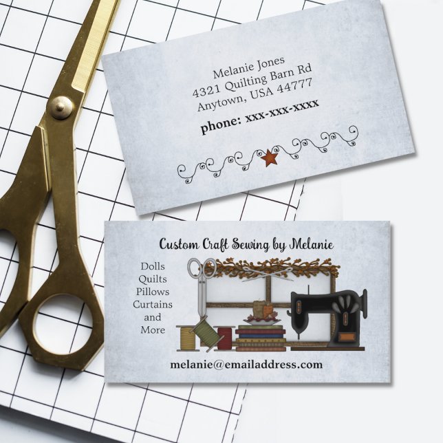 Rustic Sewing Arts on Light Blue Business Card (Creator Uploaded)