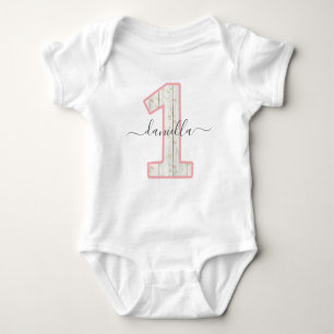 Rustic Shabby Chic Pink Floral Wood 1 One Birthday Baby Bodysuit