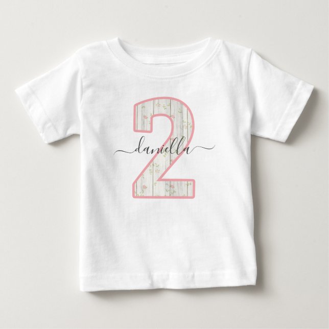 Rustic Shabby Chic Pink Floral Wood 2 Two Birthday Baby T-Shirt (Front)