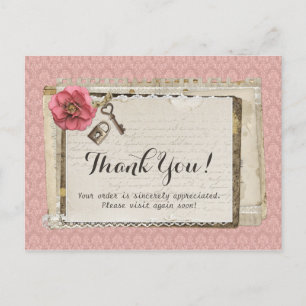 Rustic Shabby Chic Pink Victorian Damask Thank You Postcard