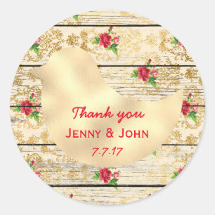 Rustic Shabby Chic Wedding Thank you Floral Wood Classic Round Sticker