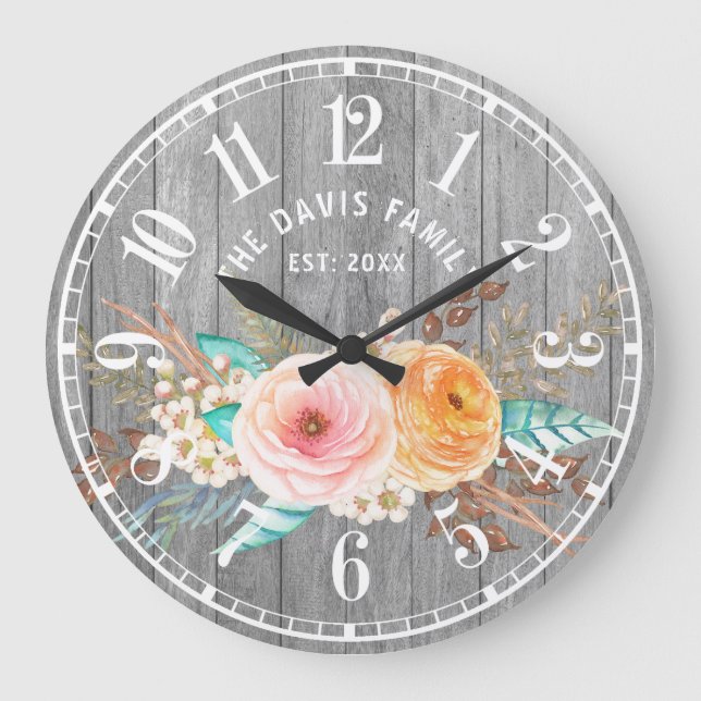 Rustic Shabby Flowers Custom Family Large Clock (Front)