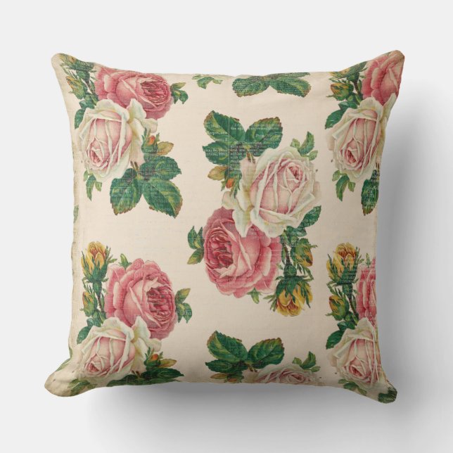 Rustic Shabby Rose Floral Pattern Pink Roses Cushion (Front)