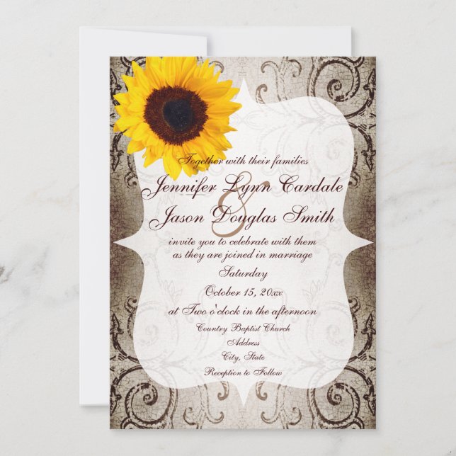 Rustic Shabby Sunflower Swirls Wedding Invitation (Front)