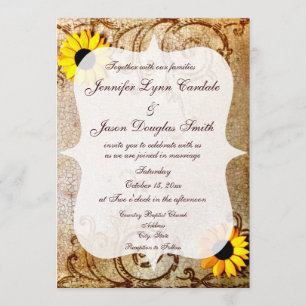 Rustic Shabby Sunflowers Swirls Wedding Invitation