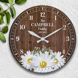 Rustic Shasta Daisy and Wood Family Name Large Clock