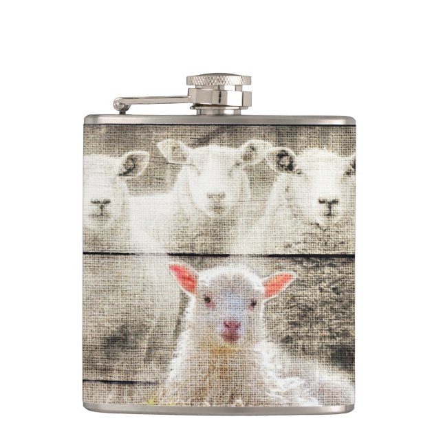 Rustic Sheep Baby Lamb Burlap Hip Flask (Front)