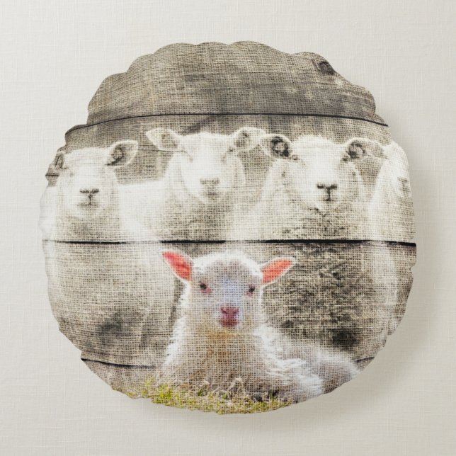 Rustic Sheep Baby Lamb Burlap Round Cushion (Front)
