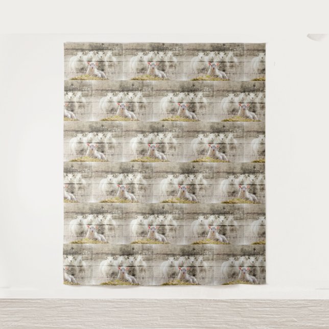 Rustic Sheep Baby Lamb Burlap Tapestry (Front)