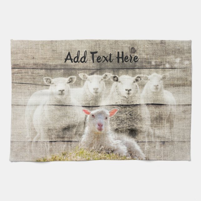 Rustic Sheep Baby Lamb Burlap Tea Towel (Horizontal)