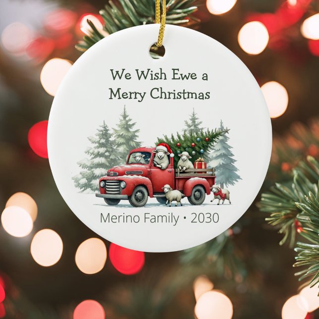 Rustic Sheep Red Truck Themed  Ceramic Tree Decoration (We wish ewe a merry christmas rustic red truck ceramic ornament)