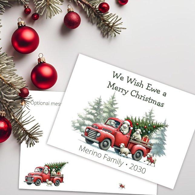 Rustic Sheep Red Truck Themed  Holiday Card (we wish ewe a merry christmas, vintage red truck greeting card)