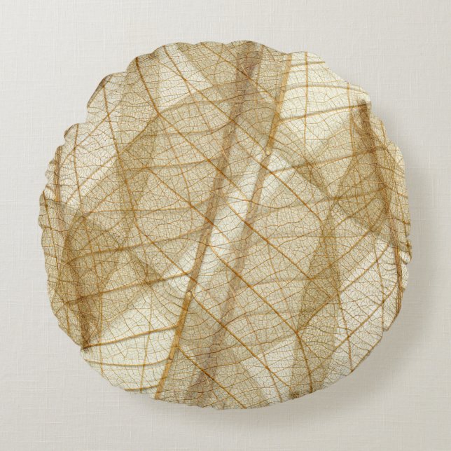 Rustic Sheer Cream Beige Lace Leaves Round Cushion (Front)