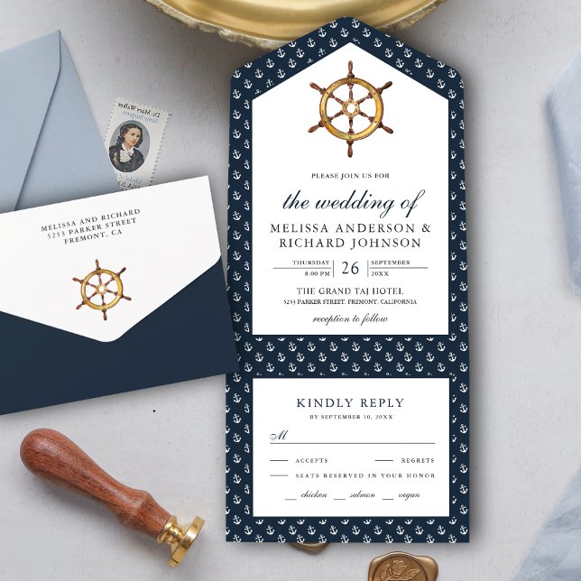 Rustic Ship Helm Nautical Navy Blue Wedding All In One Invitation (Creator Uploaded)