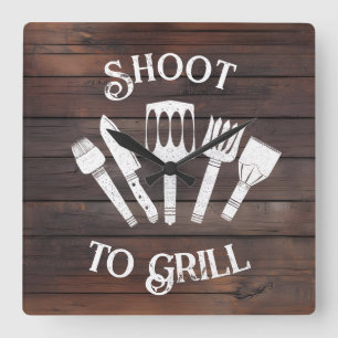 Rustic ‘Shoot To Grill’ – Funny BBQ Gift  Square Wall Clock