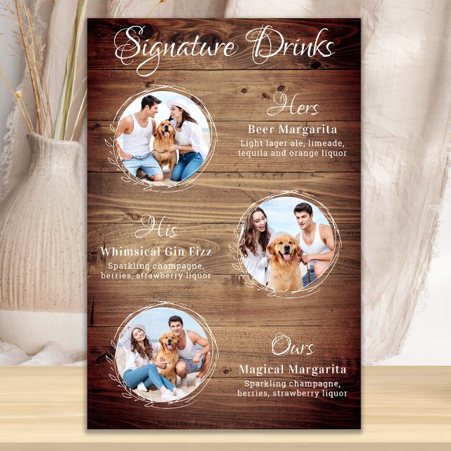 Rustic Signature Drinks 3 Photo Dog Pet Wedding Poster (Creator Uploaded)