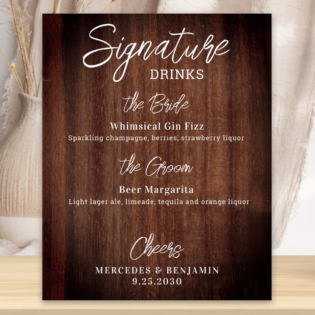 Rustic Signature Drinks Personalized Wedding Bar Poster (Creator Uploaded)
