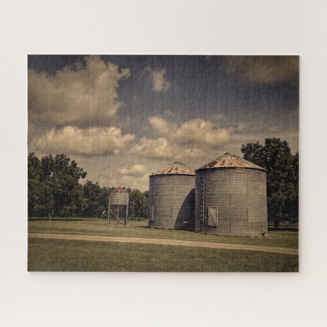 Rustic Silos in a Sleepy Scene Under Fluffy Clouds Jigsaw Puzzle (Horizontal)