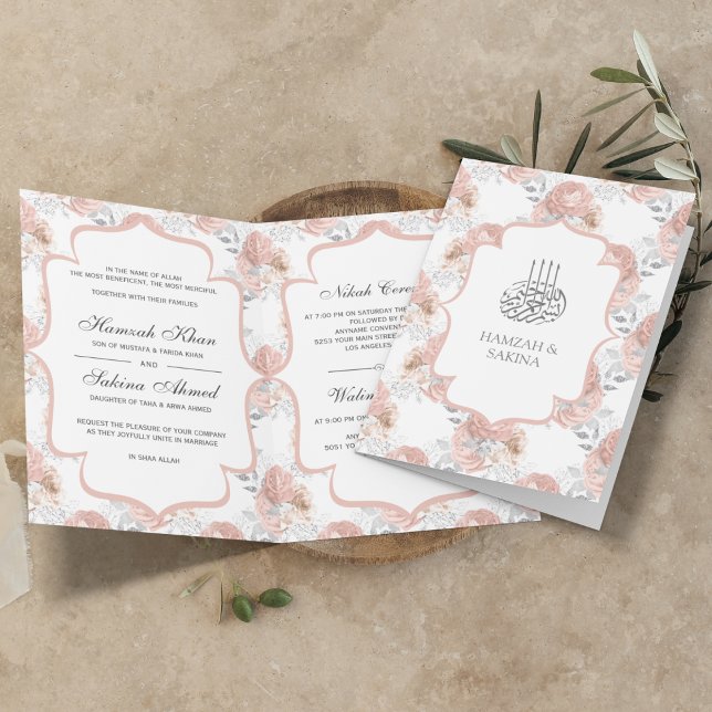 Rustic Silver and Blush Pink Roses Muslim Wedding Invitation (Creator Uploaded)