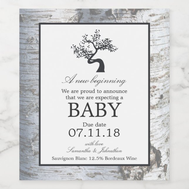 Rustic Silver Birch Tree Baby Announcement Wine Label (Single Label)