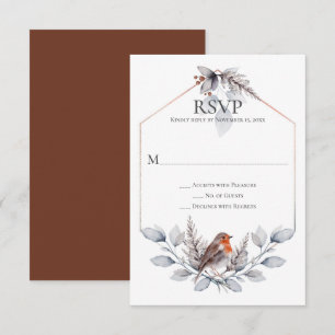 Rustic Silver Grey Rust Botanicals Bird RSVP Card