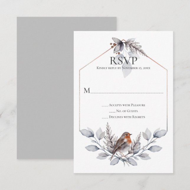 Rustic Silver Grey Rust Botanicals Bird RSVP Card (Front/Back)