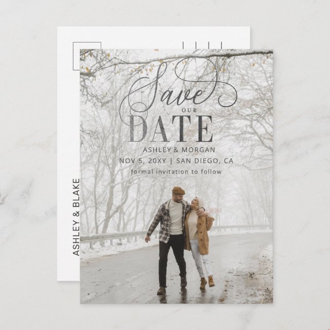 Rustic Silver Grey Script Photo Save the Date Announcement Postcard (Front/Back)