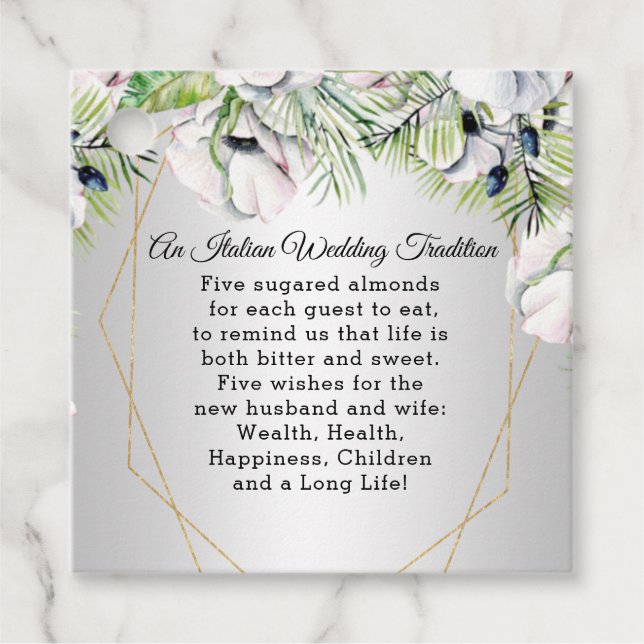 Rustic Silver White Anemone Gold Geometric Wedding Favour Tags (Front)