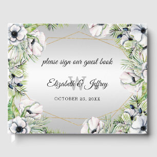 Rustic Silver White Anemone Gold Geometric Wedding Guest Book