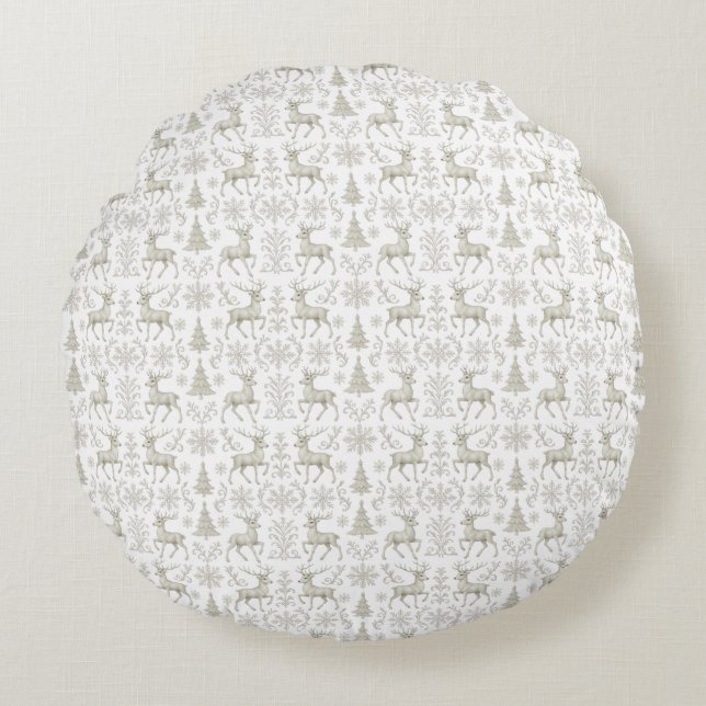 Rustic, Silver/White modern Christmas pattern Round Cushion (Front)