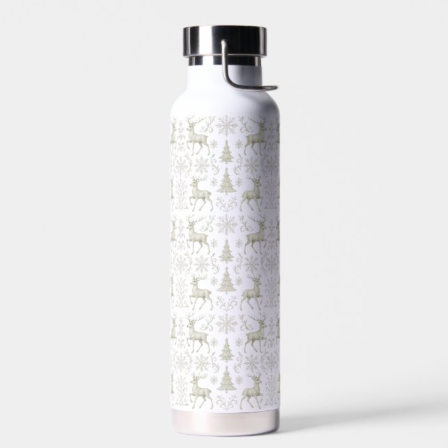 Rustic, Silver/White modern Christmas pattern Water Bottle (Left)